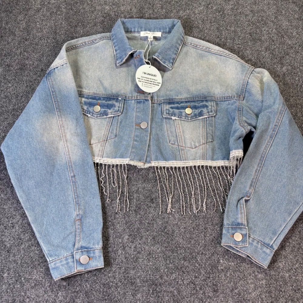 Cloud Ten Womens Cropped Denim Jacket Rhinestone Fringe Blue CJ7066 Small NWT
